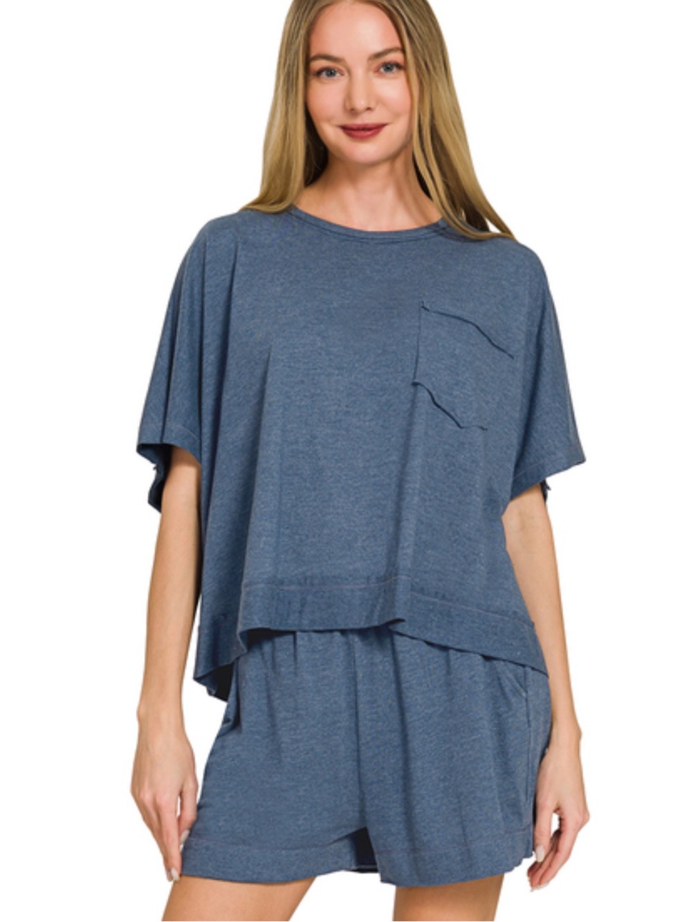 NEW Zenana Heather Navy Exposed Seam Boxy Top & Shorts Set – Small